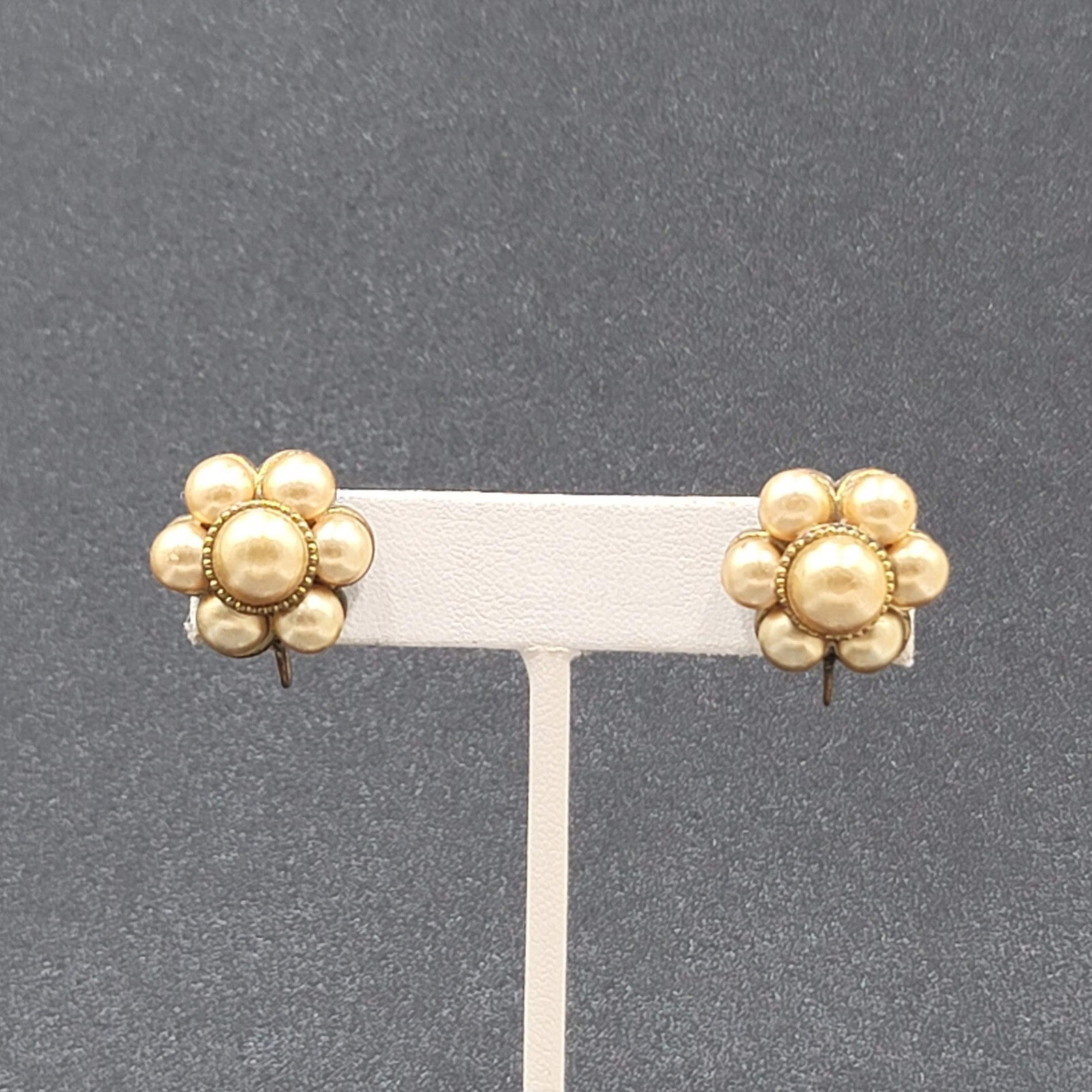 Vintage Clip on Earrings Bronze tone Gold Bead Flower Screw Back Studs 3/4"