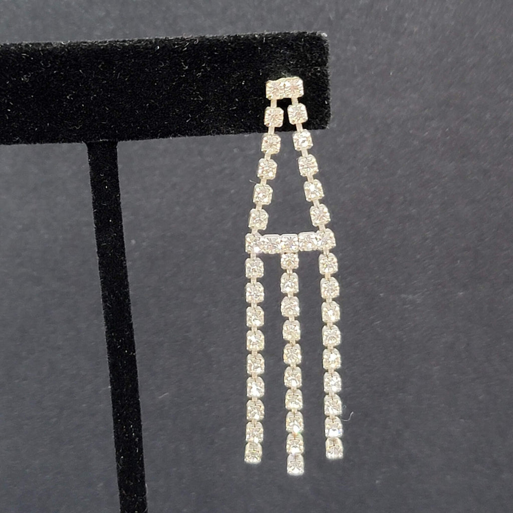 Vintage Pierced Earrings Silver tone Rhinestone Triple Dangle 2.25"