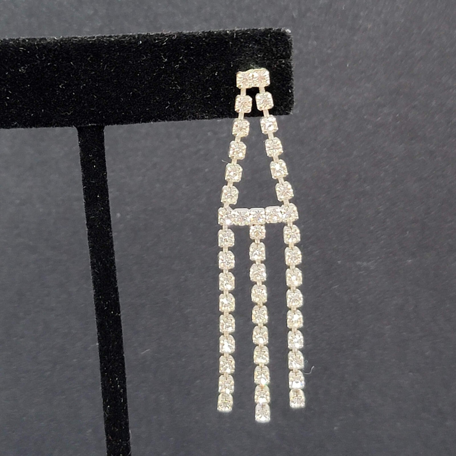 Vintage Pierced Earrings Silver tone Rhinestone Triple Dangle 2.25"