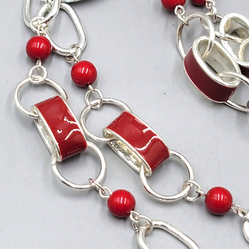 Necklace Extra Long Silver tone Red Bead Enamel Statement 42 in