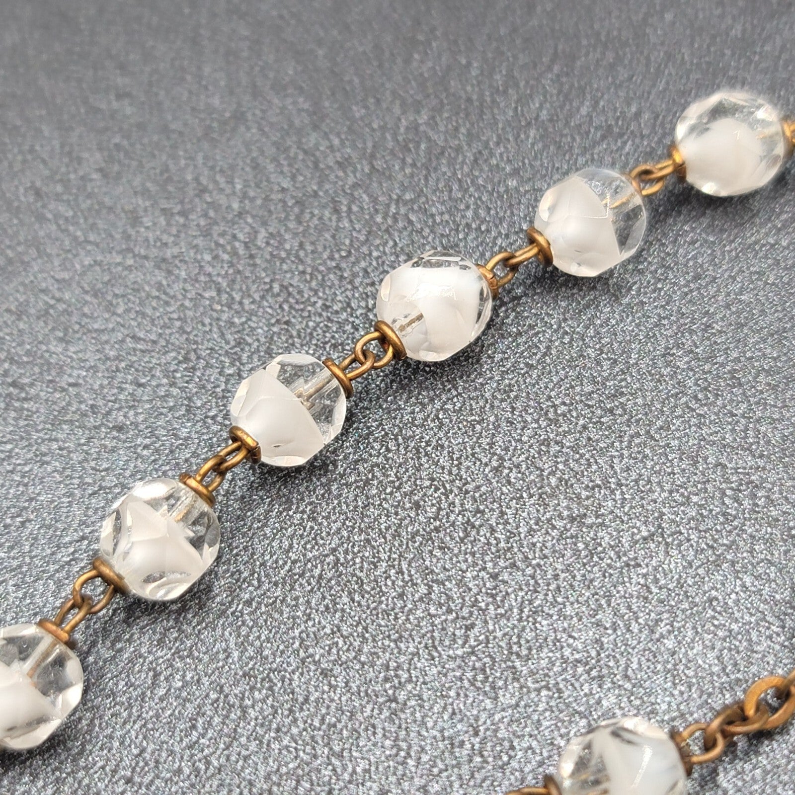 Vintage White Clear Glass Bead Catholic Rosary Crucifix Gold tone