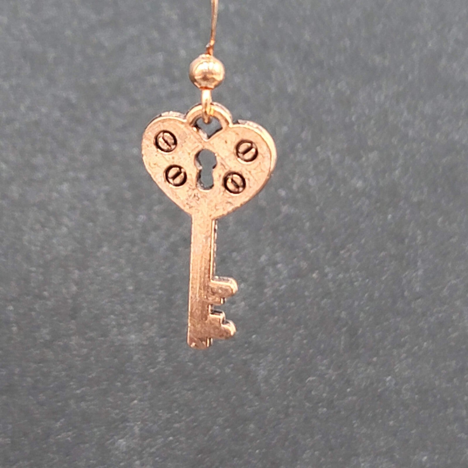 Heart Skeleton Key Pierced Earrings Bright Copper tone Dangle 7/8"
