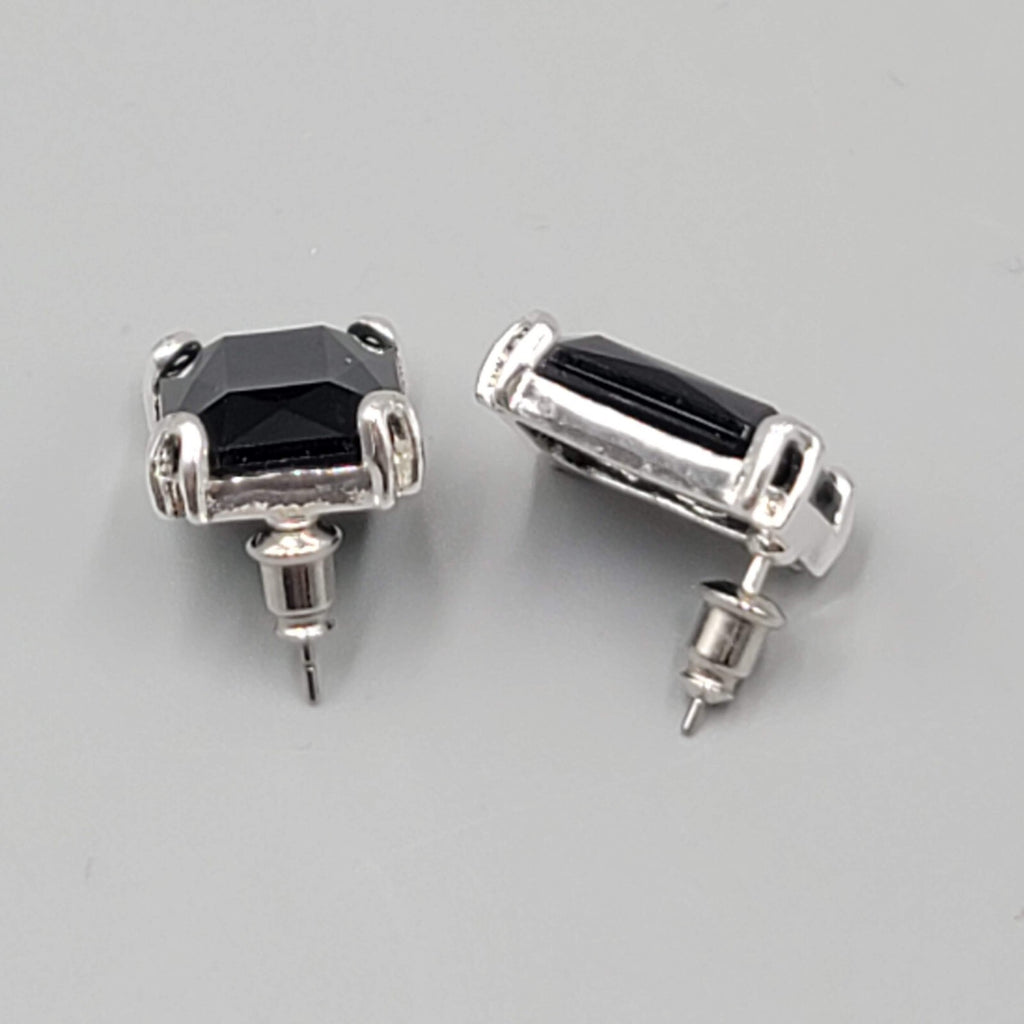 Black Faceted Pierced Earrings Silver tone Rectangle Drop 3/4"