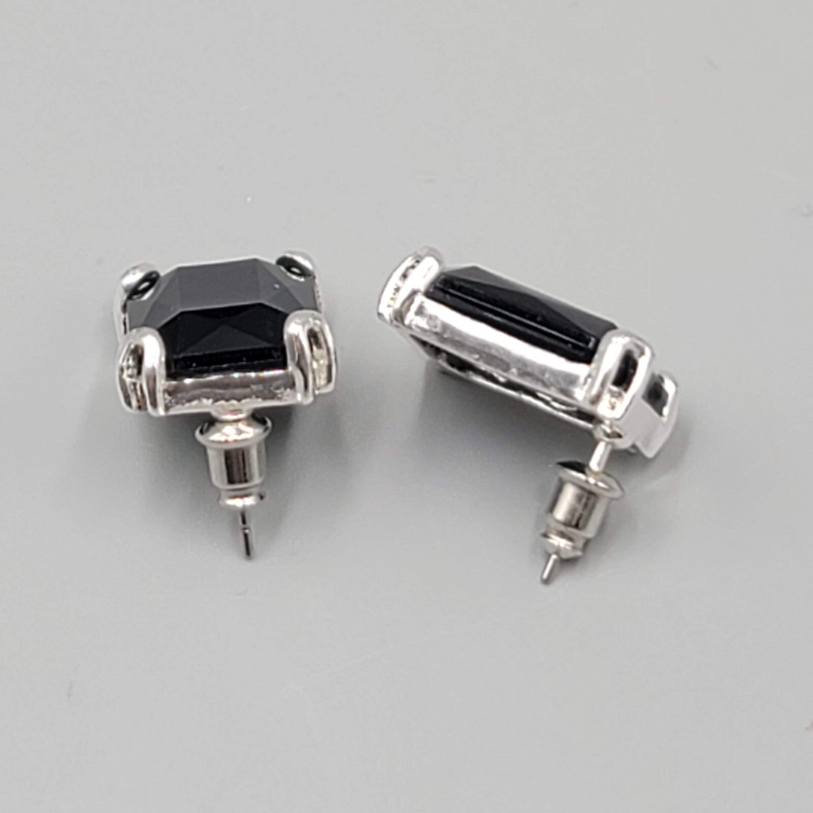 Black Faceted Pierced Earrings Silver tone Rectangle Drop 3/4"