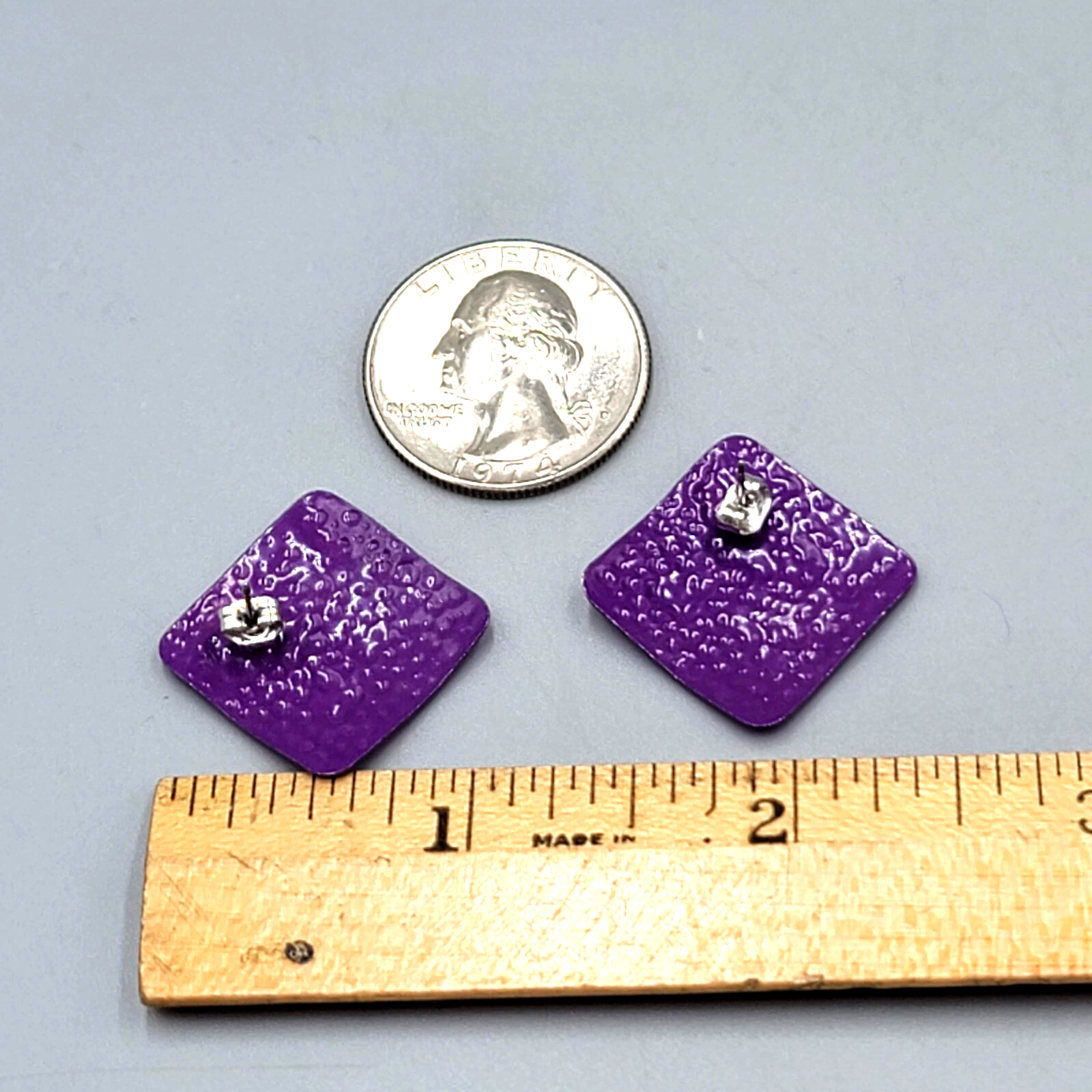 Vintage Purple Enamel Pierced Earrings Textured Metal Square Drop 1"