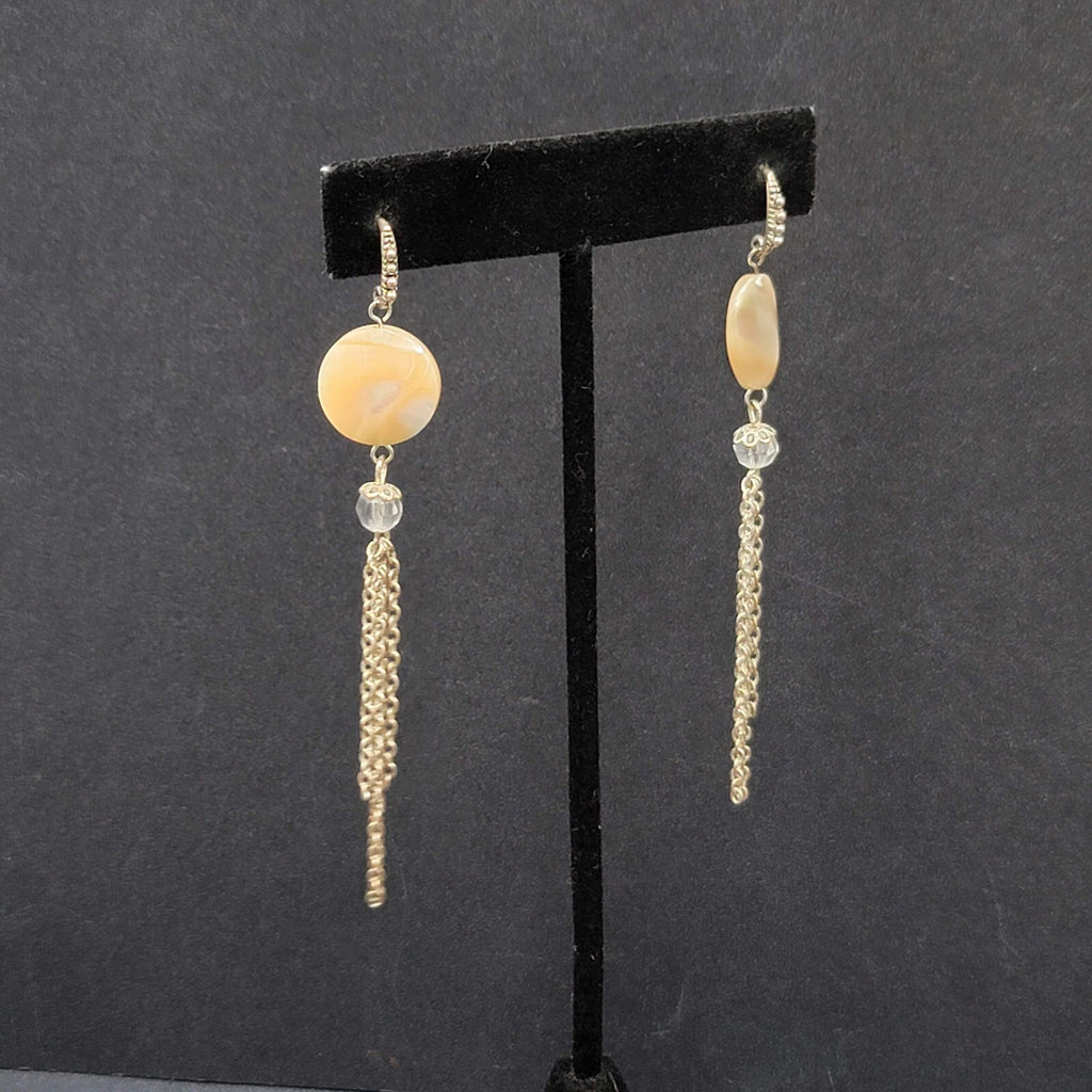 Pierced Earrings Silver tone Mother of Pearl Disc Dangle Chains 3.5"