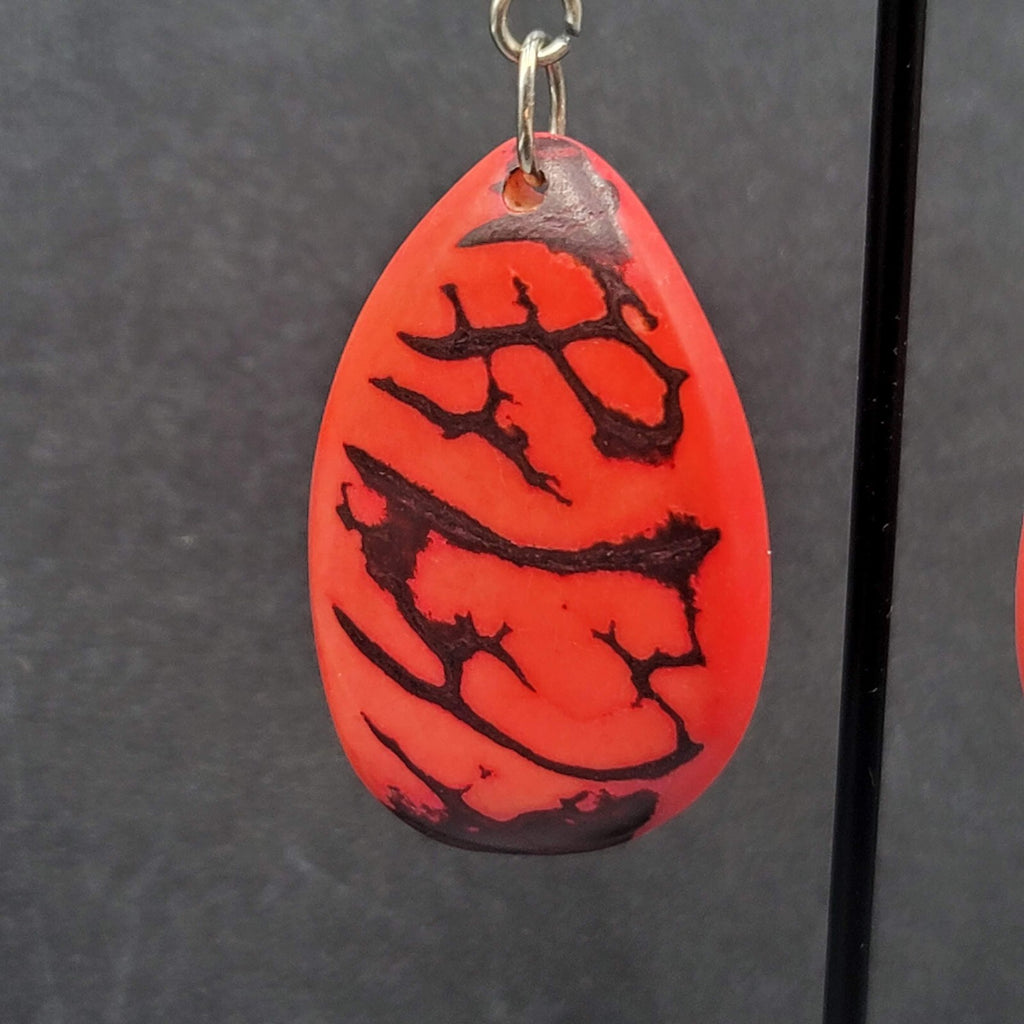 Pierced Earrings Red Dyed Tagua Nut Dangle Silver tone 1.75"