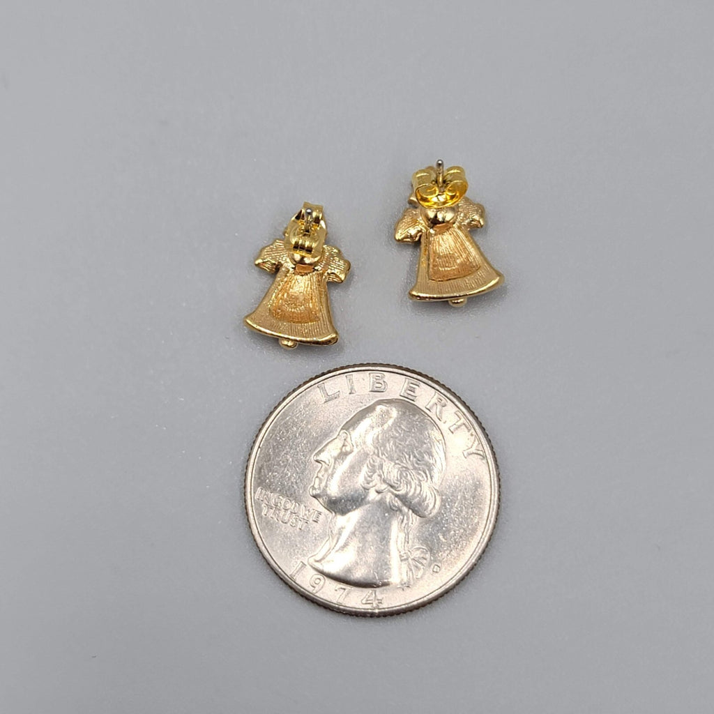 Vintage Christmas Bells Pierced Earrings Gold tone Red Rhinestone Studs 1/2"