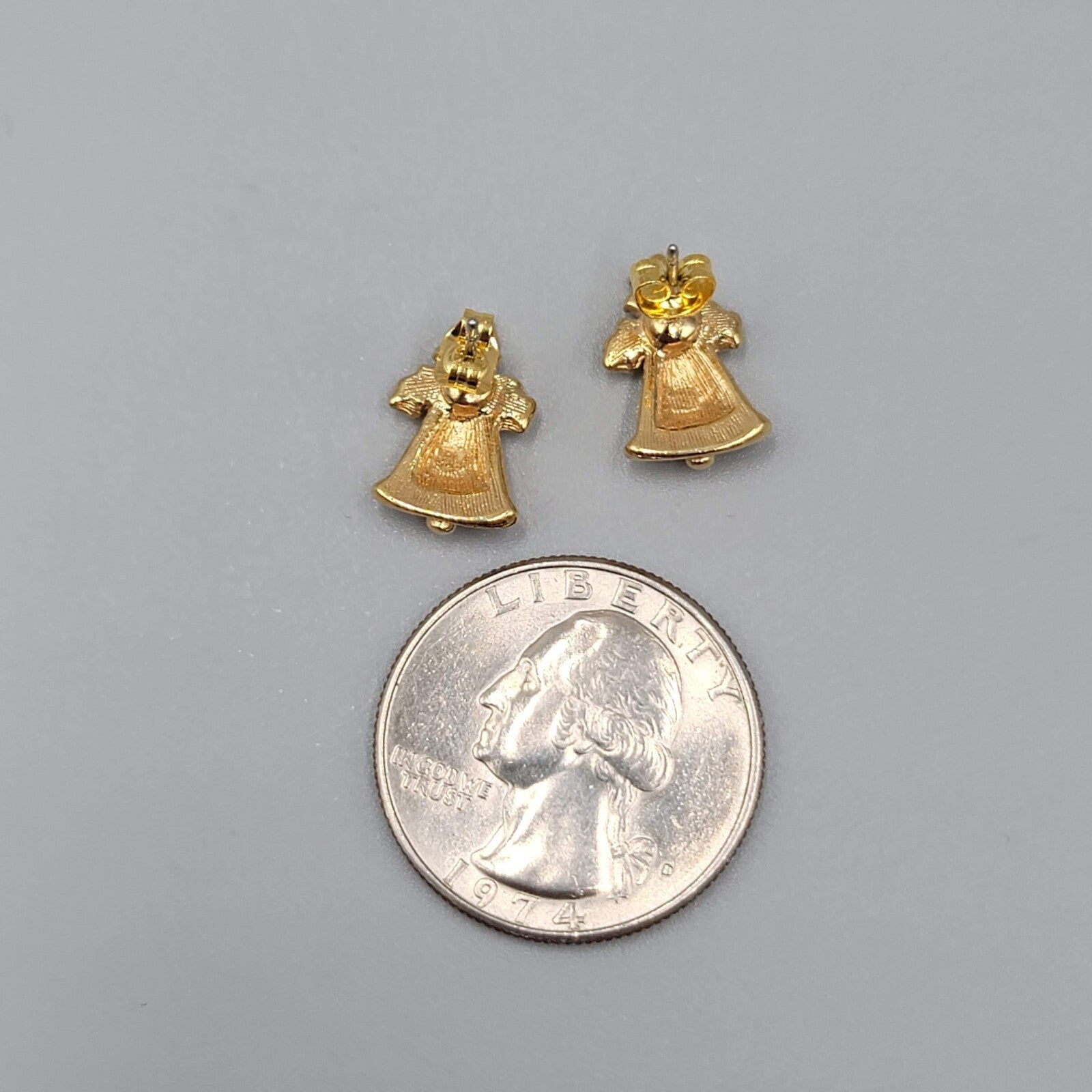 Vintage Christmas Bells Pierced Earrings Gold tone Red Rhinestone Studs 1/2"