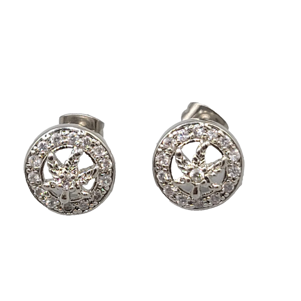 Marijuana Crystal Stud Pierced Earrings Silver tone 1/2 in