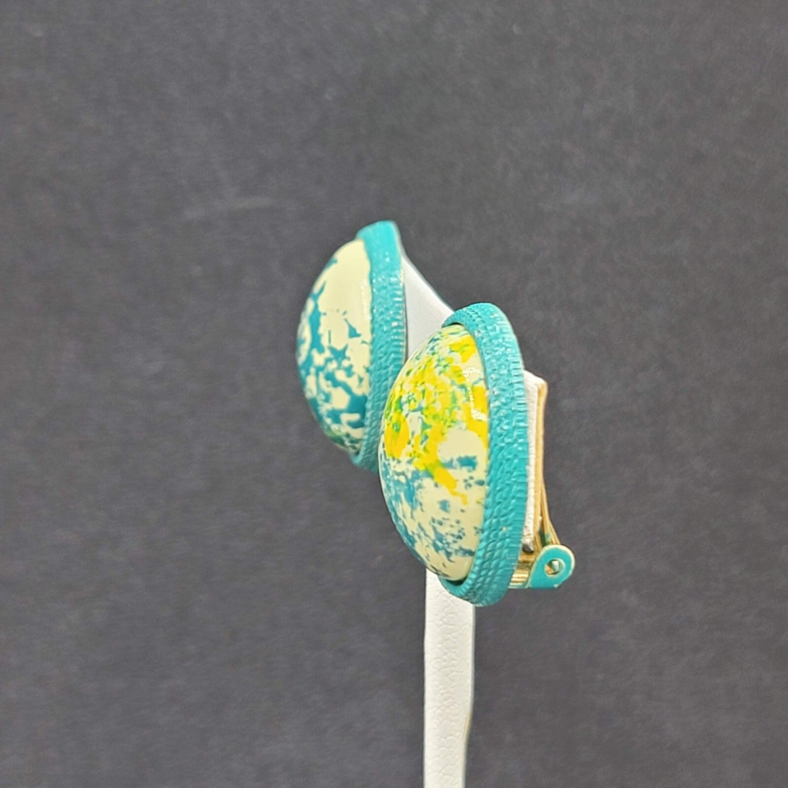 Vintage Clip on Earrings Round Dome Blue Green Yellow Speckle Studs 1" Hong Kong