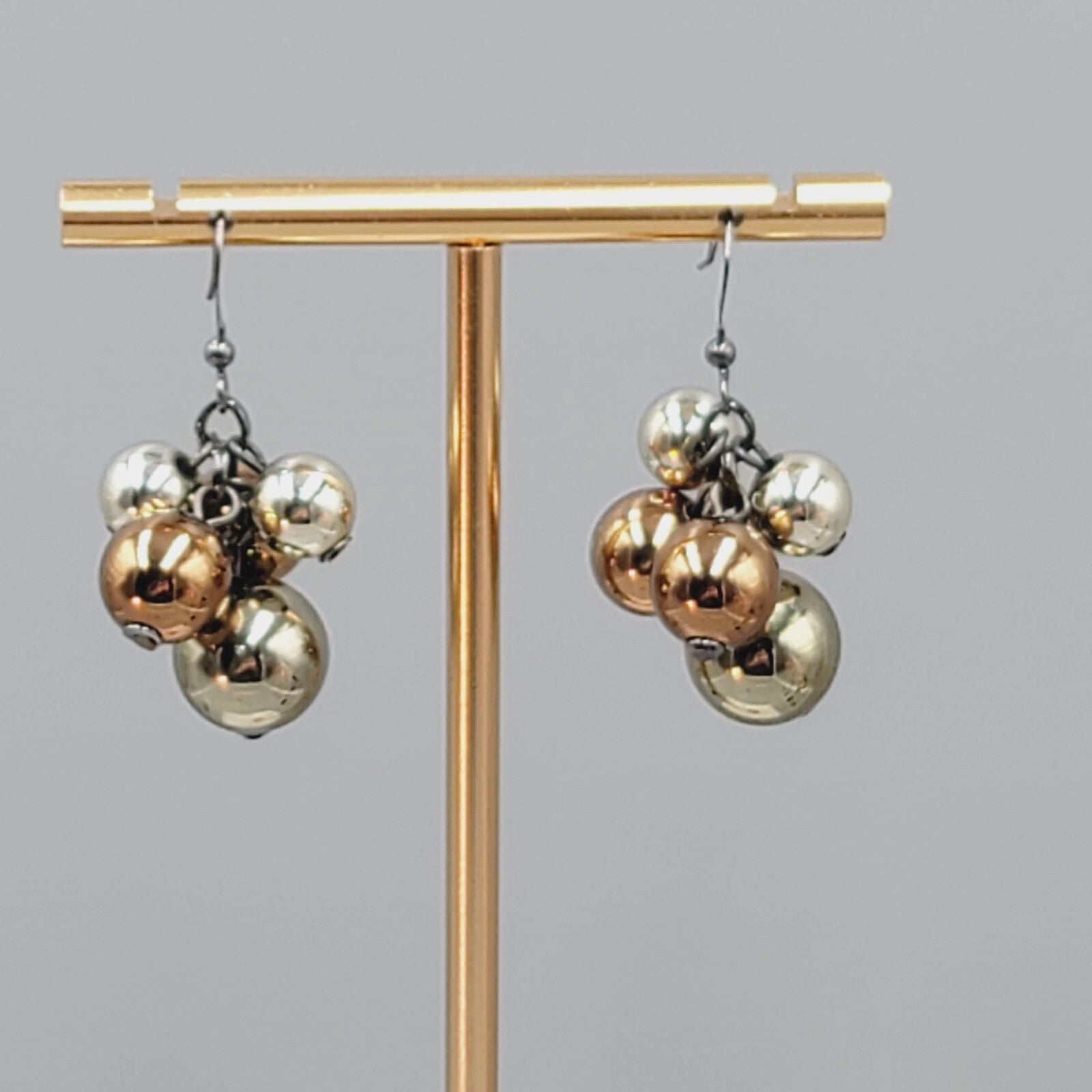 Multi Tone Metal Cluster Beads Pierced Earrings Dangle 1"