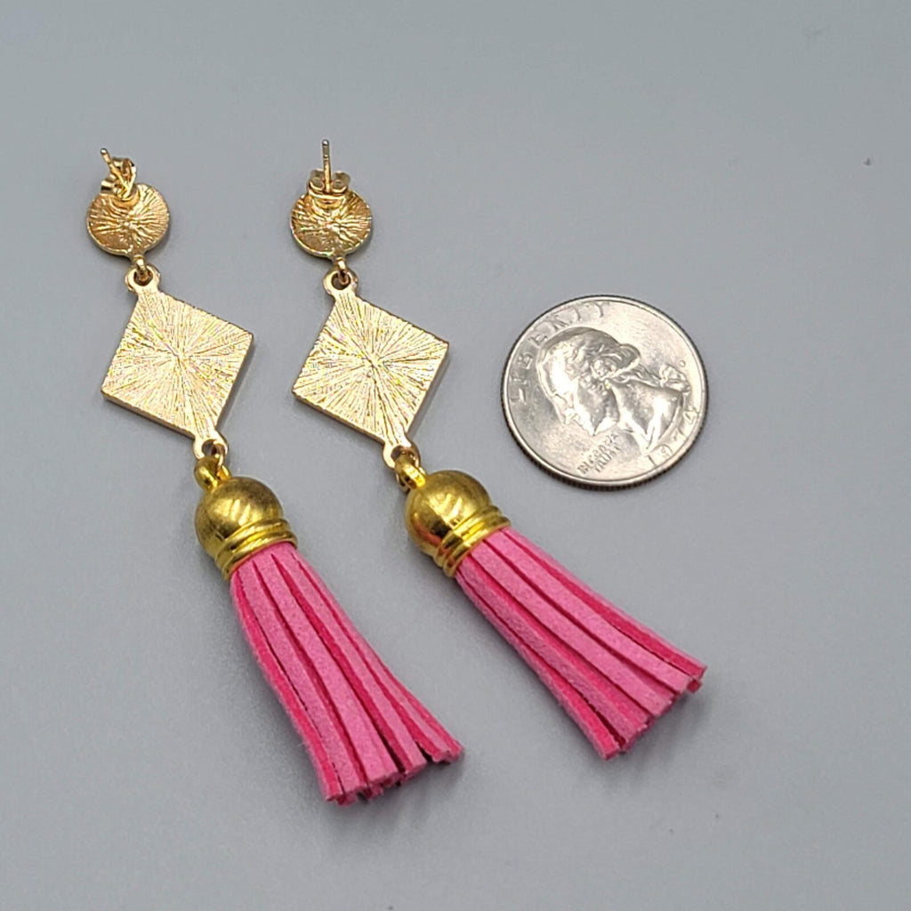 Pink Tassel Pierced Earrings Gold tone Dangle Long 3"
