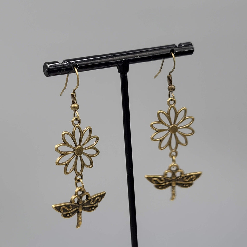 Dragonfly Flower Pierced Earrings Bronze tone Dangle NEW 1 5/8"