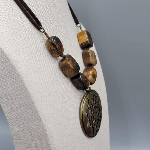 Avon Tigers Eye Stone Bead Necklace Bronze tone Medallion Leather Cord 16"