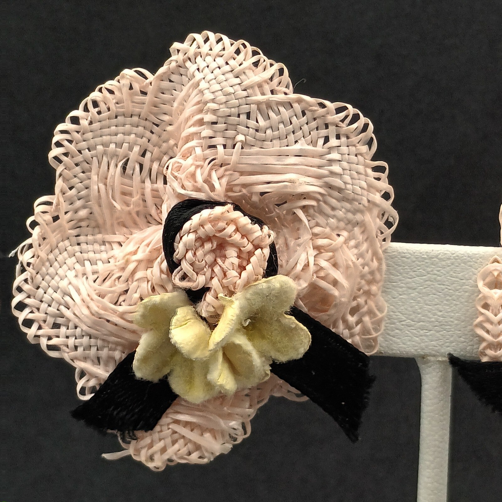 Vintage Clip on Earrings Pink Fabric Hat White Flower Statement Drop 2"