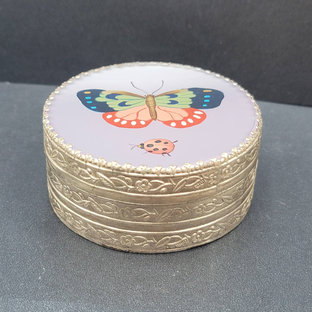 Mirror Trinket Box Reverse Painted On Glass Butterfly Ladybug 3.25”