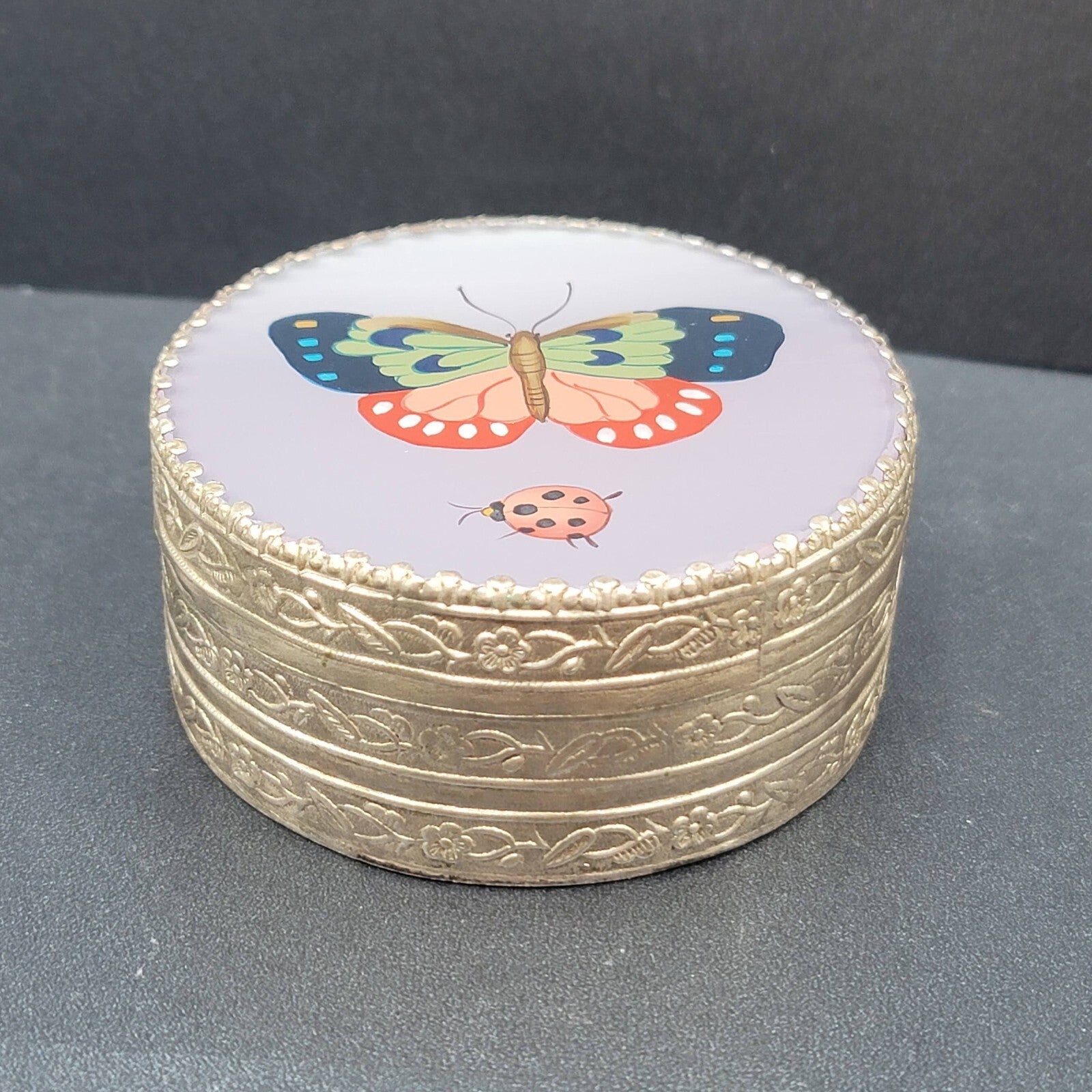 Mirror Trinket Box Reverse Painted On Glass Butterfly Ladybug 3.25”
