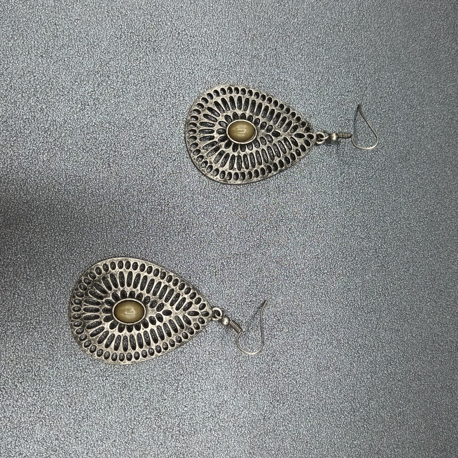 Pierced Earrings Antiqued Silver tone Teardrop Dangle 1 5/8"