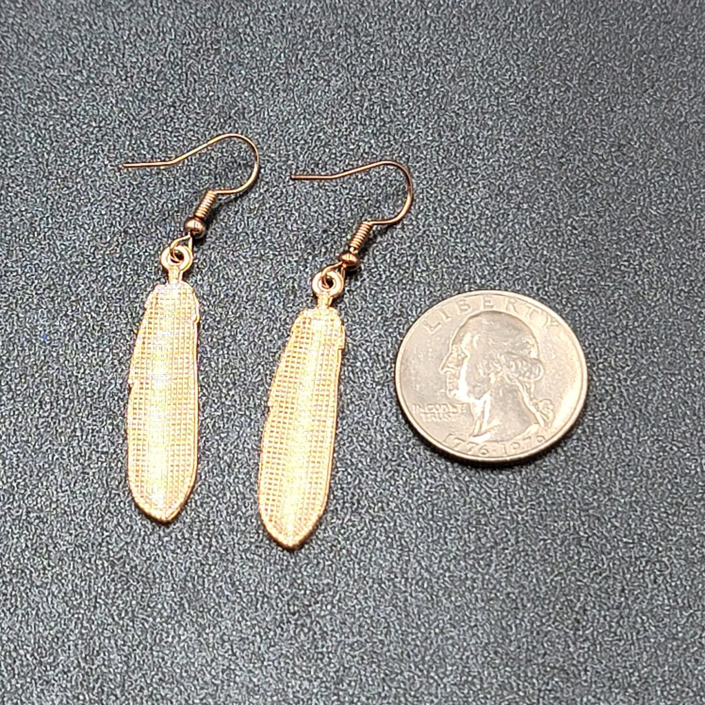Metal Feather Pierced Earrings Blue Purple White Specks Gold tone Dangle 1.5"