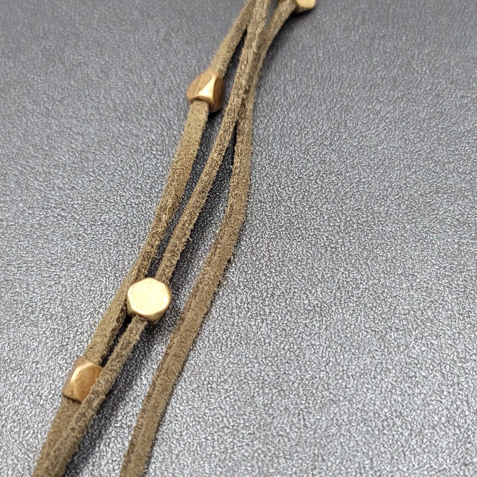 Long Statement Necklace Green Suede Triple Cord Gold tone Pendant 54"