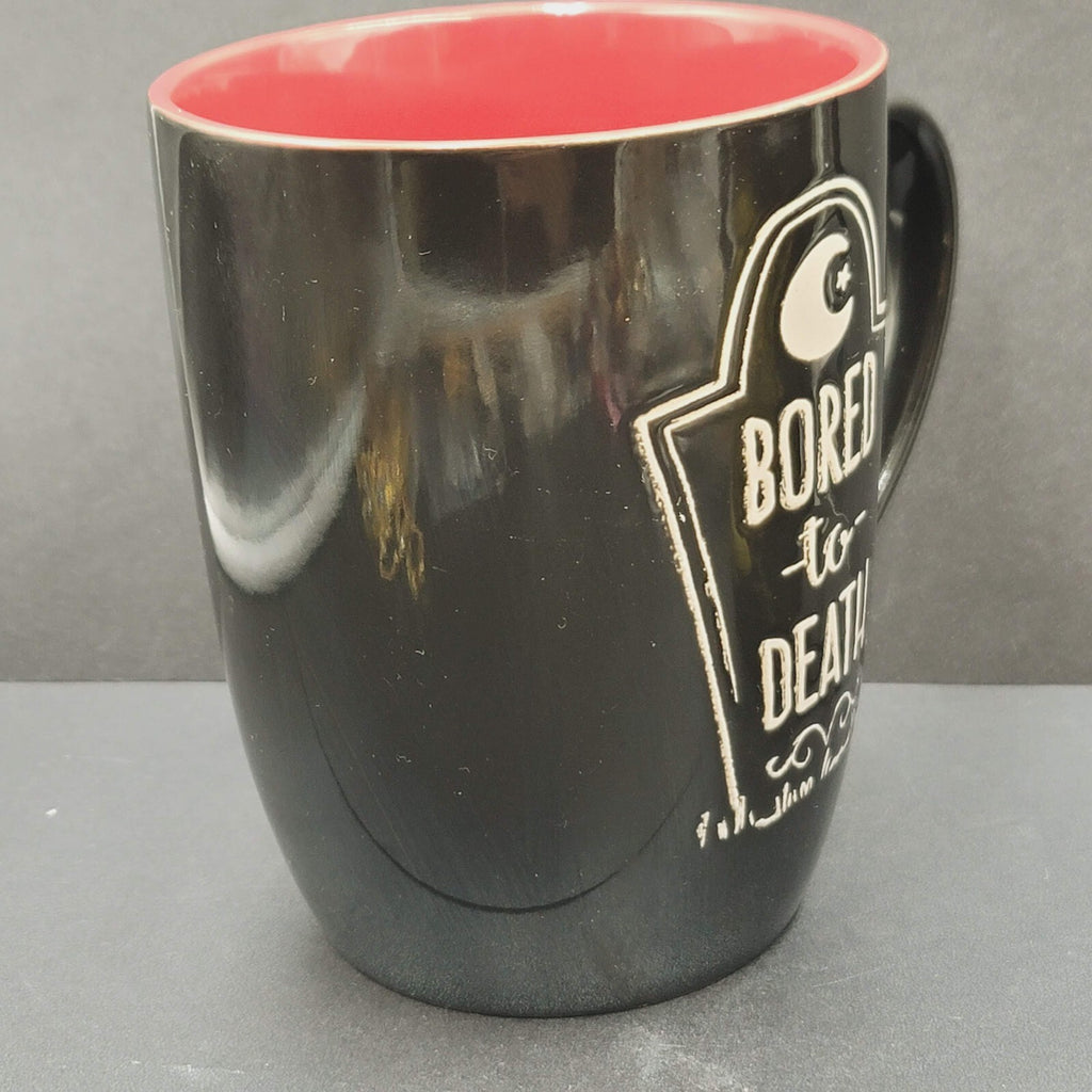 Bored to Death Coffee Mug Extra Black Embossed Dark Red Large 5.25"x4"