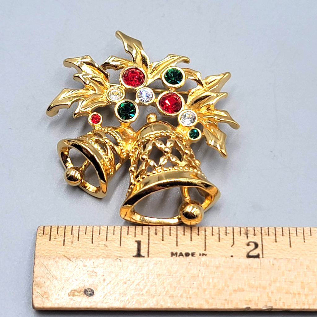 Vintage Avon Christmas Bells Brooch Gold Plated Rhinestone  2"