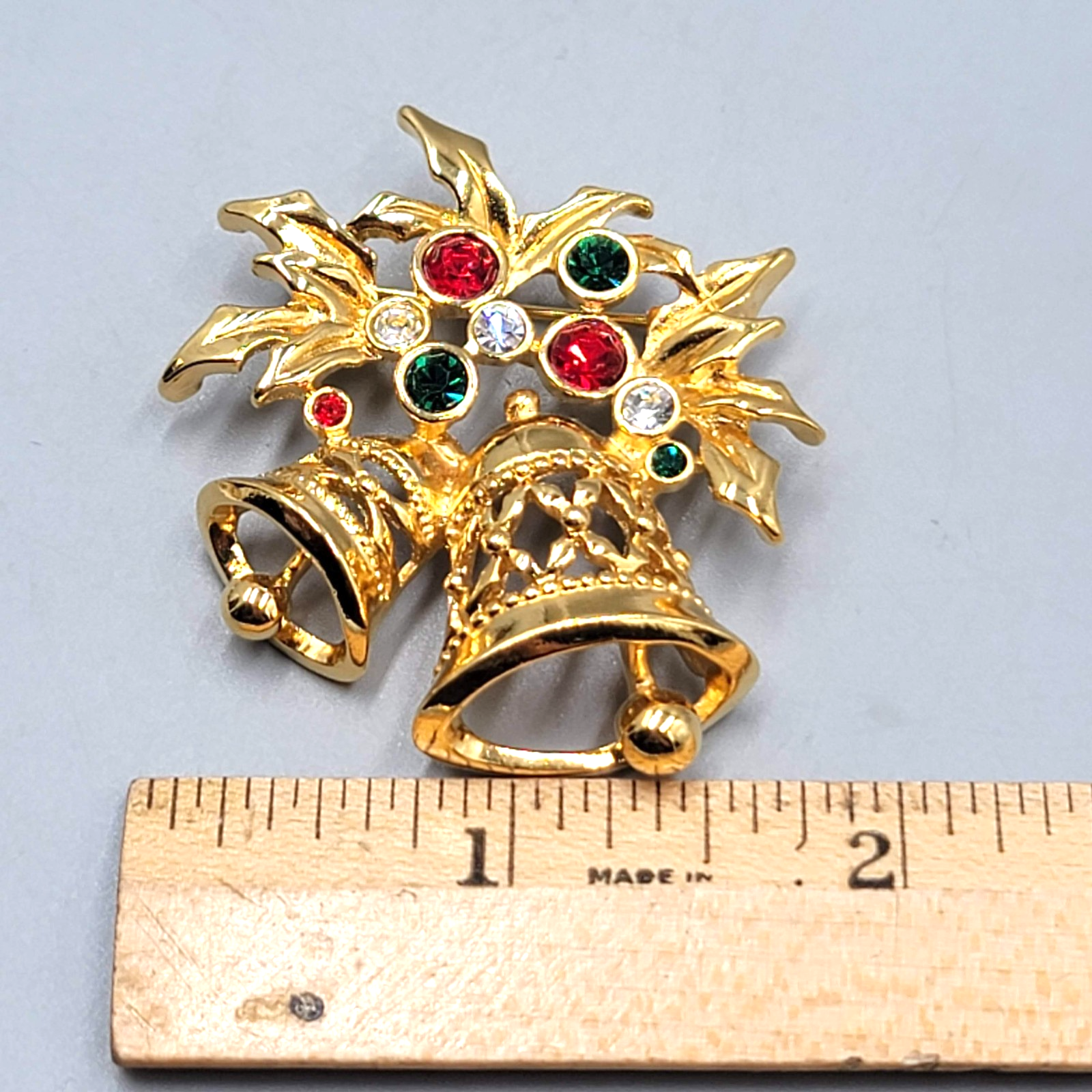 Vintage Avon Christmas Bells Brooch Gold Plated Rhinestone  2"