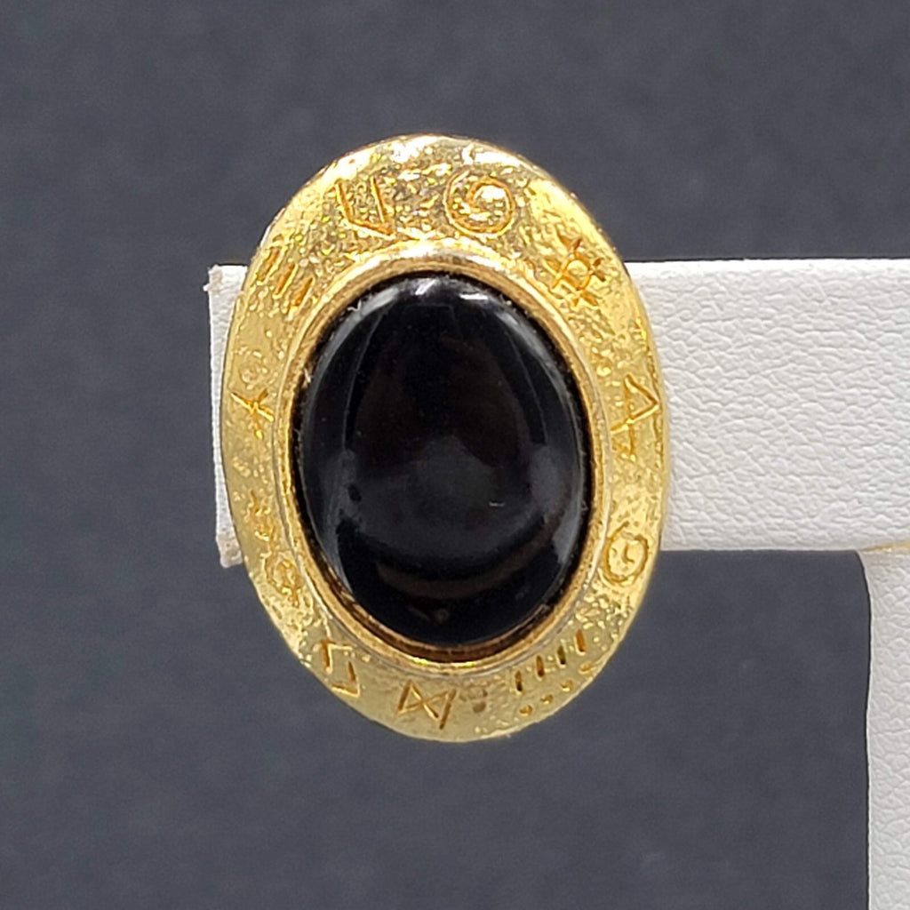 Vintage Runes Clip on Earrings Gold Plated Black Oval 1 1/8"