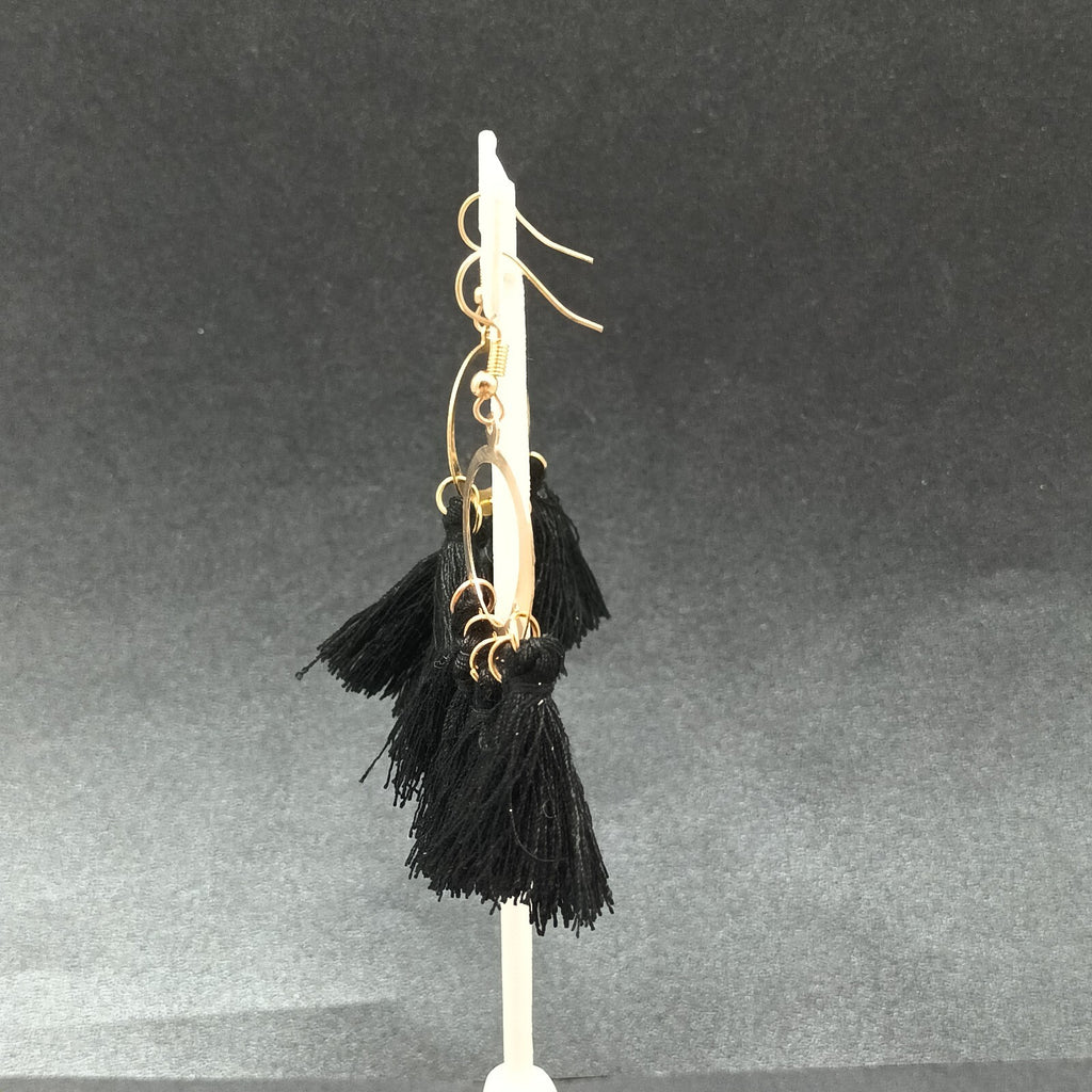 Boho Pierced Earrings Gold tone Circle Black Tassel Statement Dangle 2 1/4"