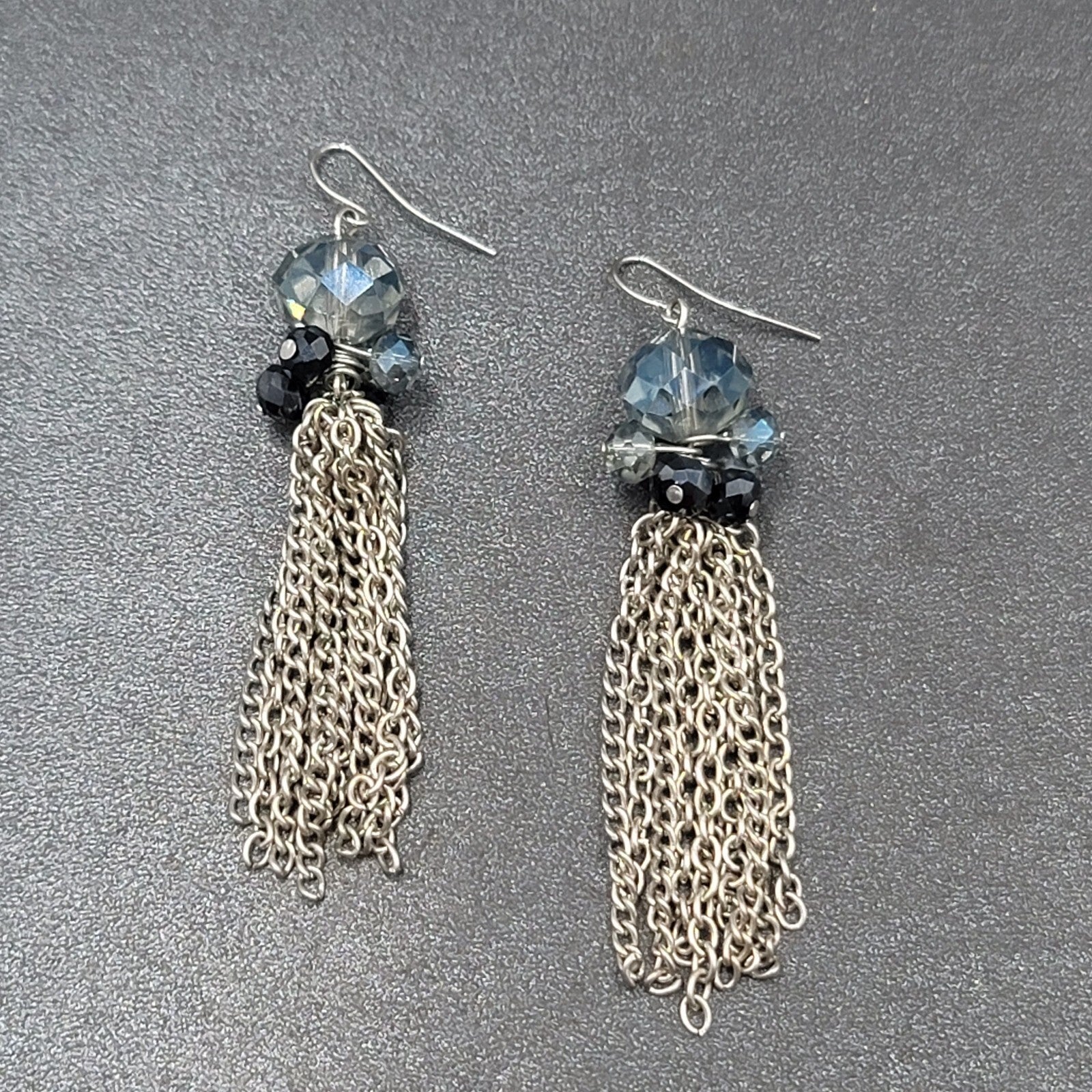 Pierced Earrings Silver tone Blue Faceted Glass Bead 3"