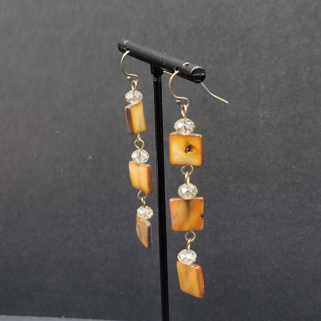 Pierced Earrings Brown Square Seashell Beads Dangle 2 3/8"