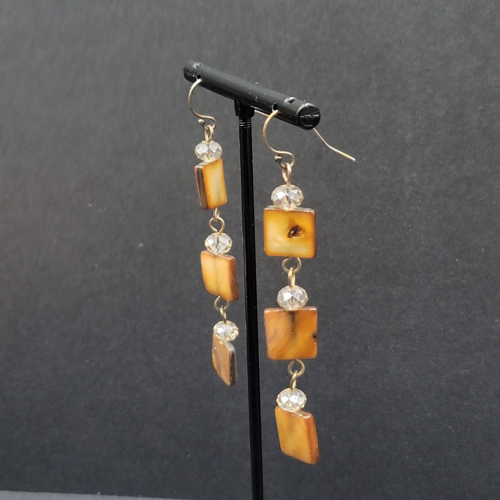 Pierced Earrings Brown Square Seashell Beads Dangle 2 3/8"