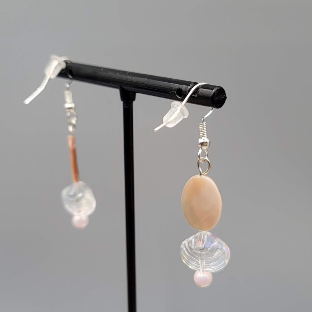 Shell Pierced Earrings Real Shell Glass Bead Dangle Silver tone 1.25"