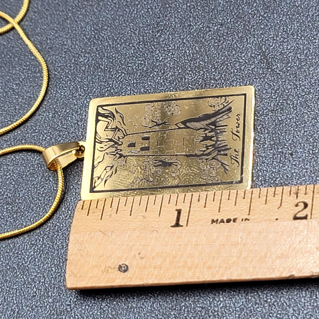 The TOWER Tarot Card Pendant Necklace Major Arcana Gold tone 18”.