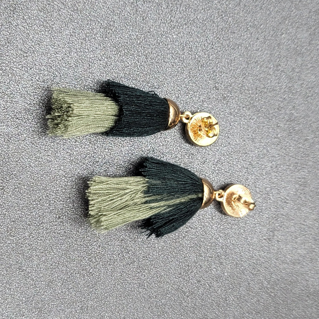 Pierced Earrings Gold tone Green Tassel Faux Druzy Dangle 2.25"