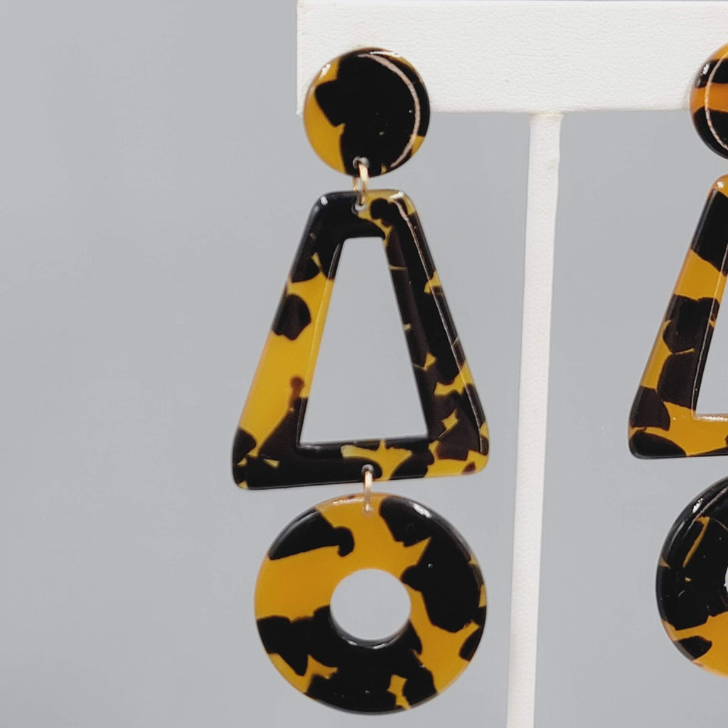 Pierced Earrings Tortoise Brown Acrylic Geometric Dangle Statement 3.25"