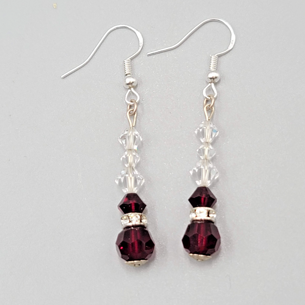 Red Clear Crystal Bead Pierced Earrings Silver tone Dangle 1.25"