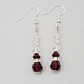 Red Clear Crystal Bead Pierced Earrings Silver tone Dangle 1.25"