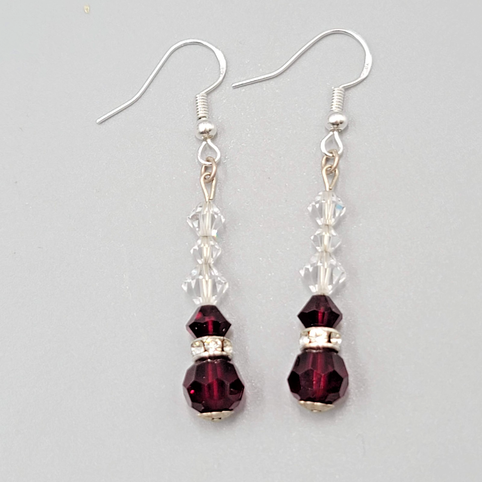 Red Clear Crystal Bead Pierced Earrings Silver tone Dangle 1.25"