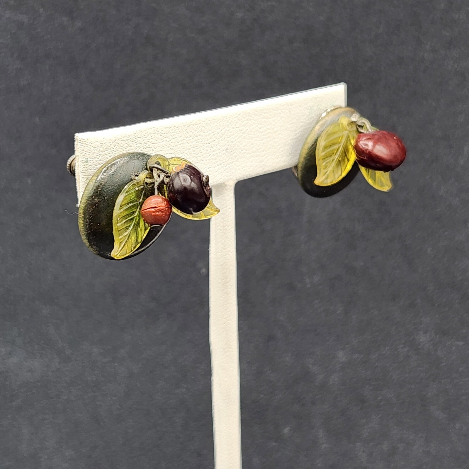 Vintage Clip on Earrings Green Seed and Acrylic Leaves Dangle Studs 3/4"
