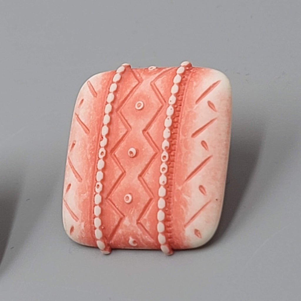 Vintage Salmon Pink White Pierced Earrings Embossed Square Drop 1"