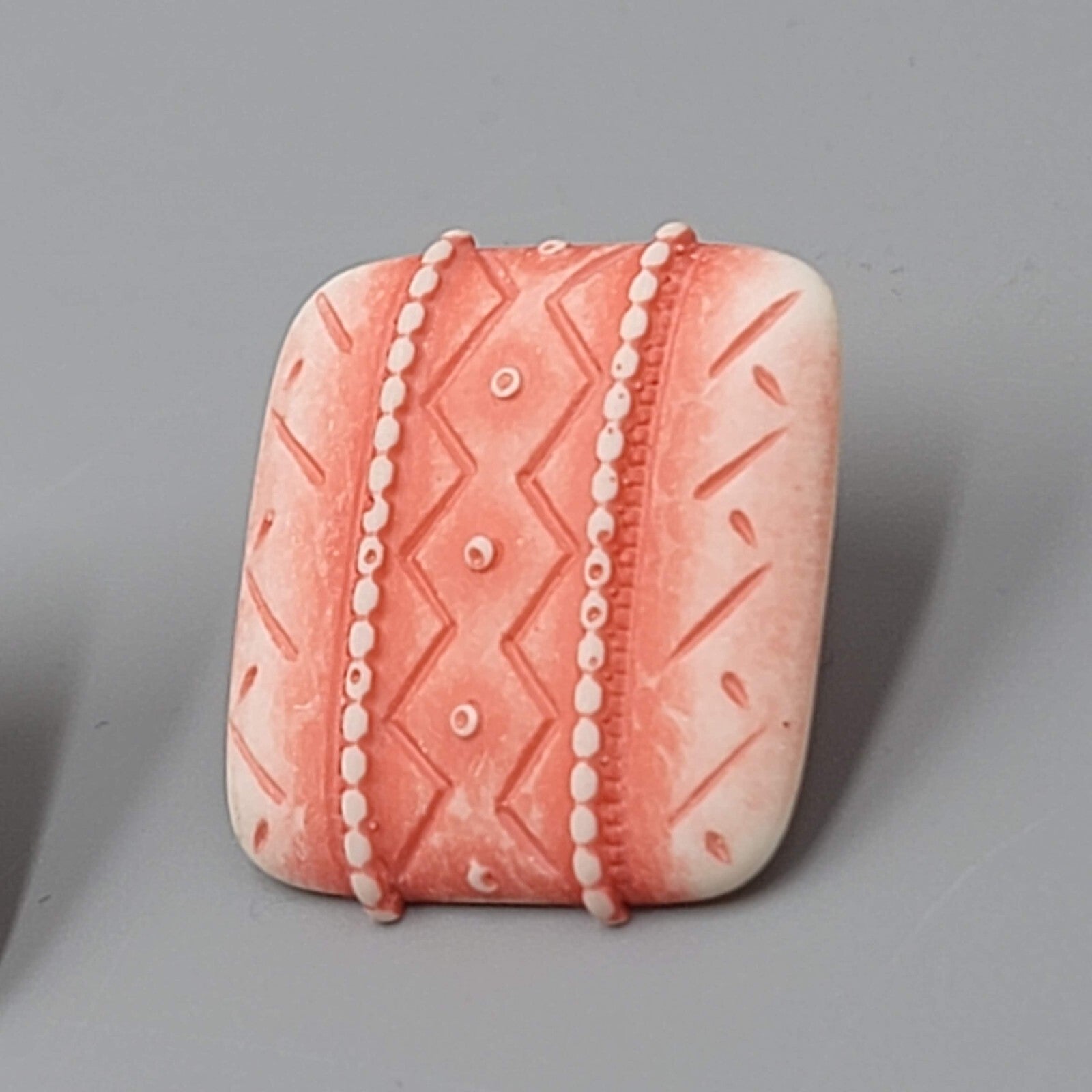 Vintage Salmon Pink White Pierced Earrings Embossed Square Drop 1"