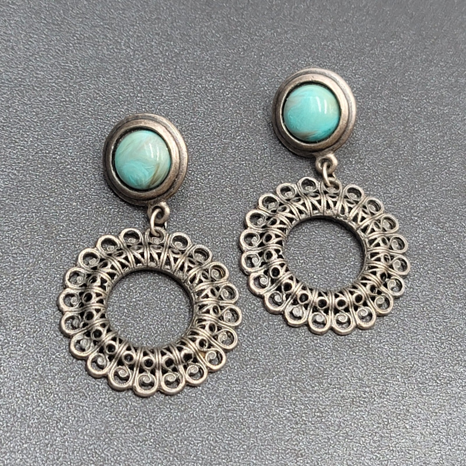 Pierced Earrings Silver tone Faux Acrylic Turquoise Dangle 2 3/8"