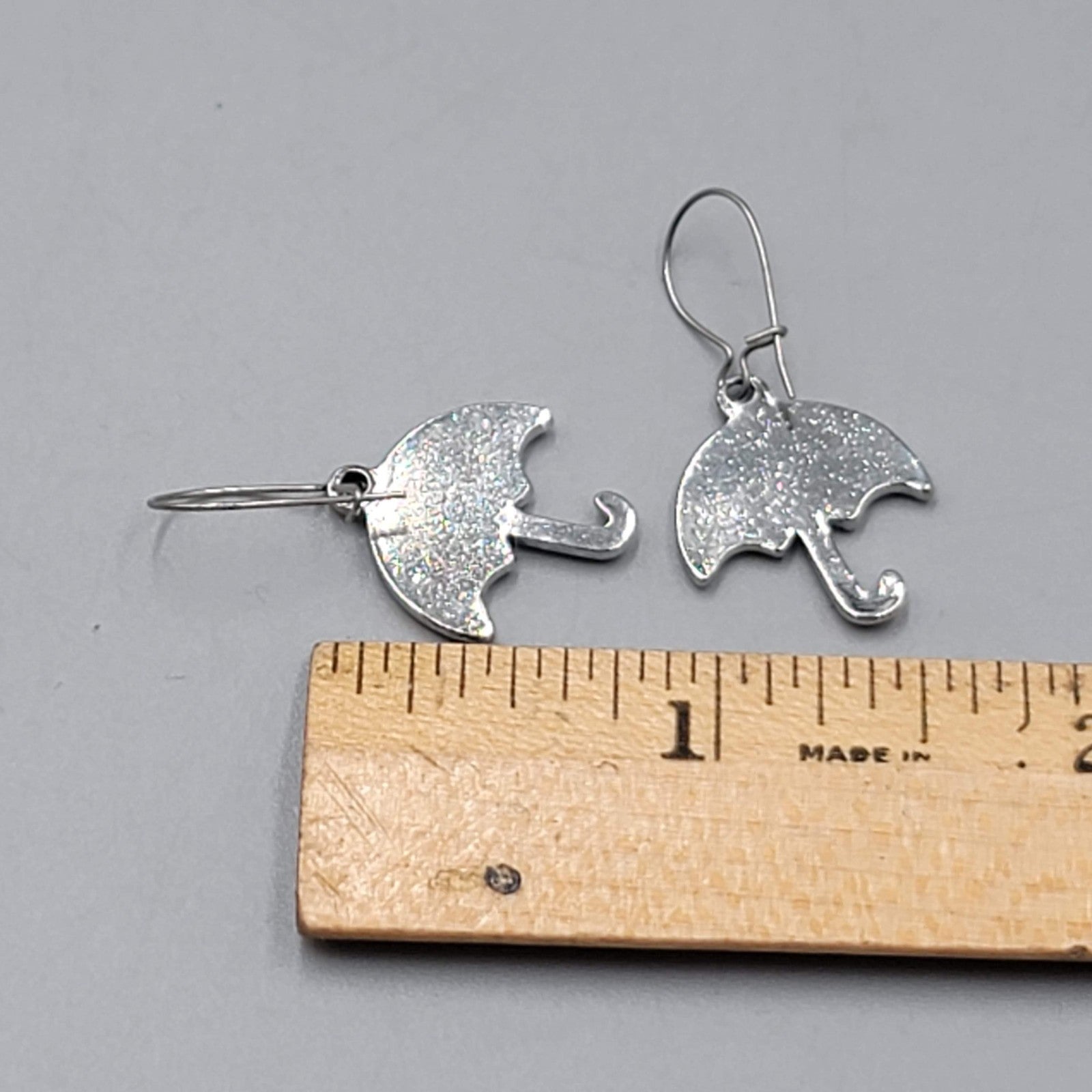 Vintage Umbrella Abalone Inlay Pierced Earrings Silver tone Dangle 3/4"