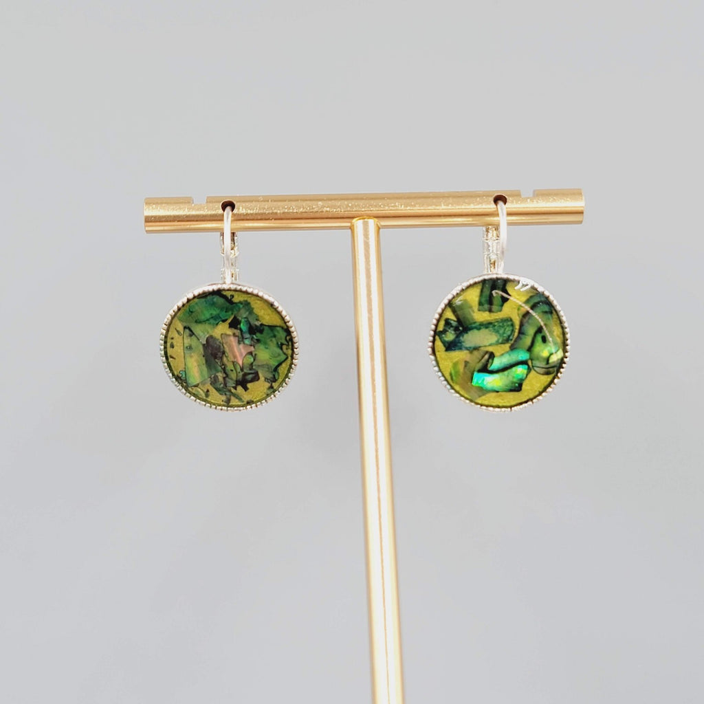 Abalone Inlay Round Pierced Earrings Silver tone Drop 3/4"