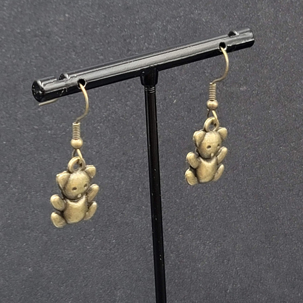 Teddy Bear Pierced Earrings Bronze tone Embossed Dangle New 3/4"