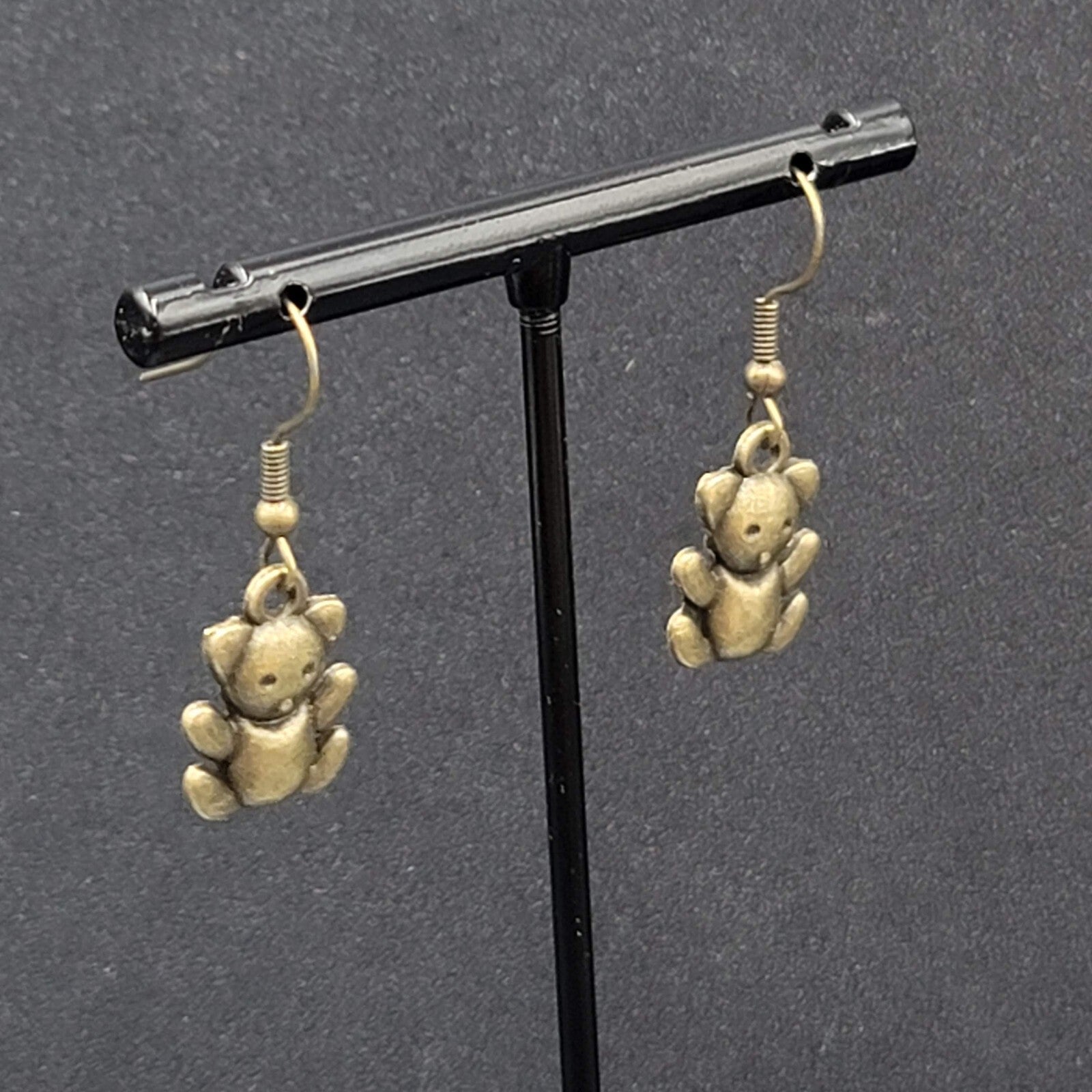 Teddy Bear Pierced Earrings Bronze tone Embossed Dangle New 3/4"