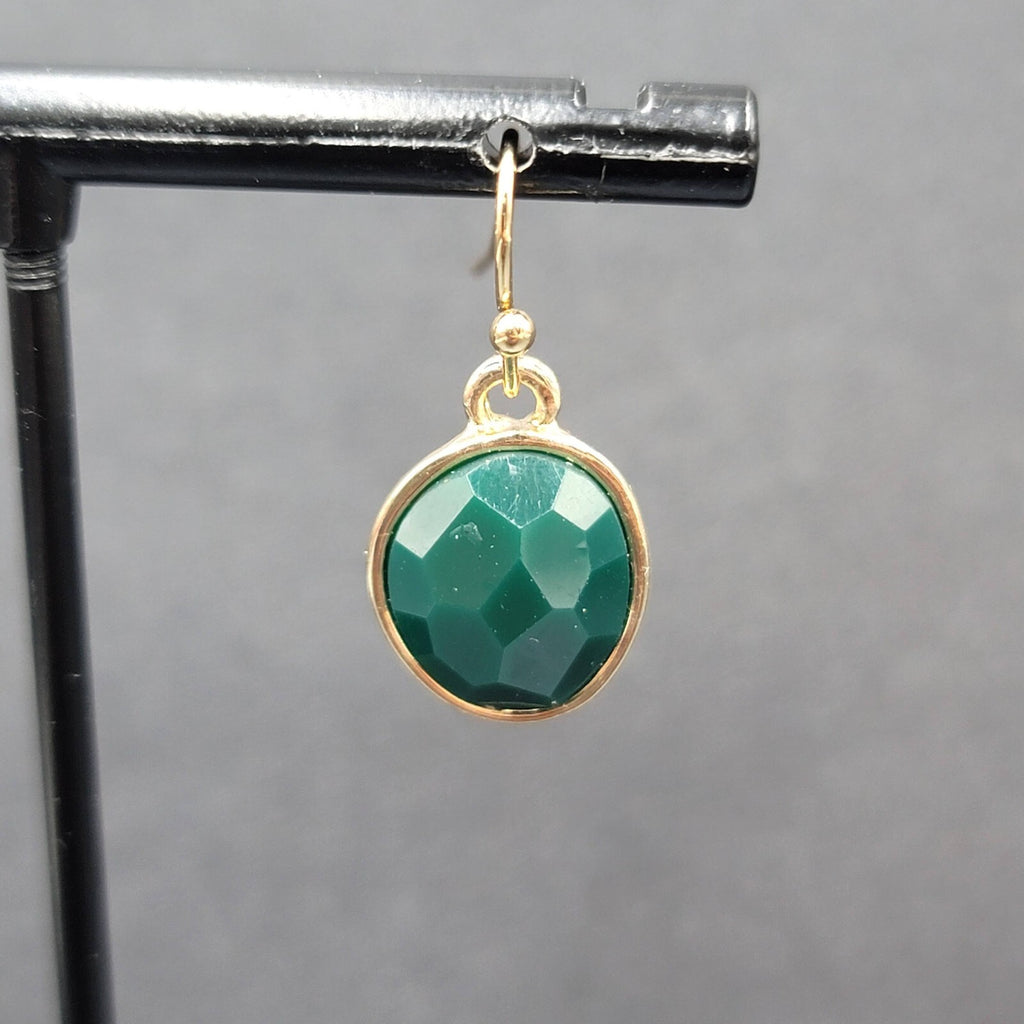 Pierced Earrings Gold tone Green Faceted Acrylic Dangle 1/2"