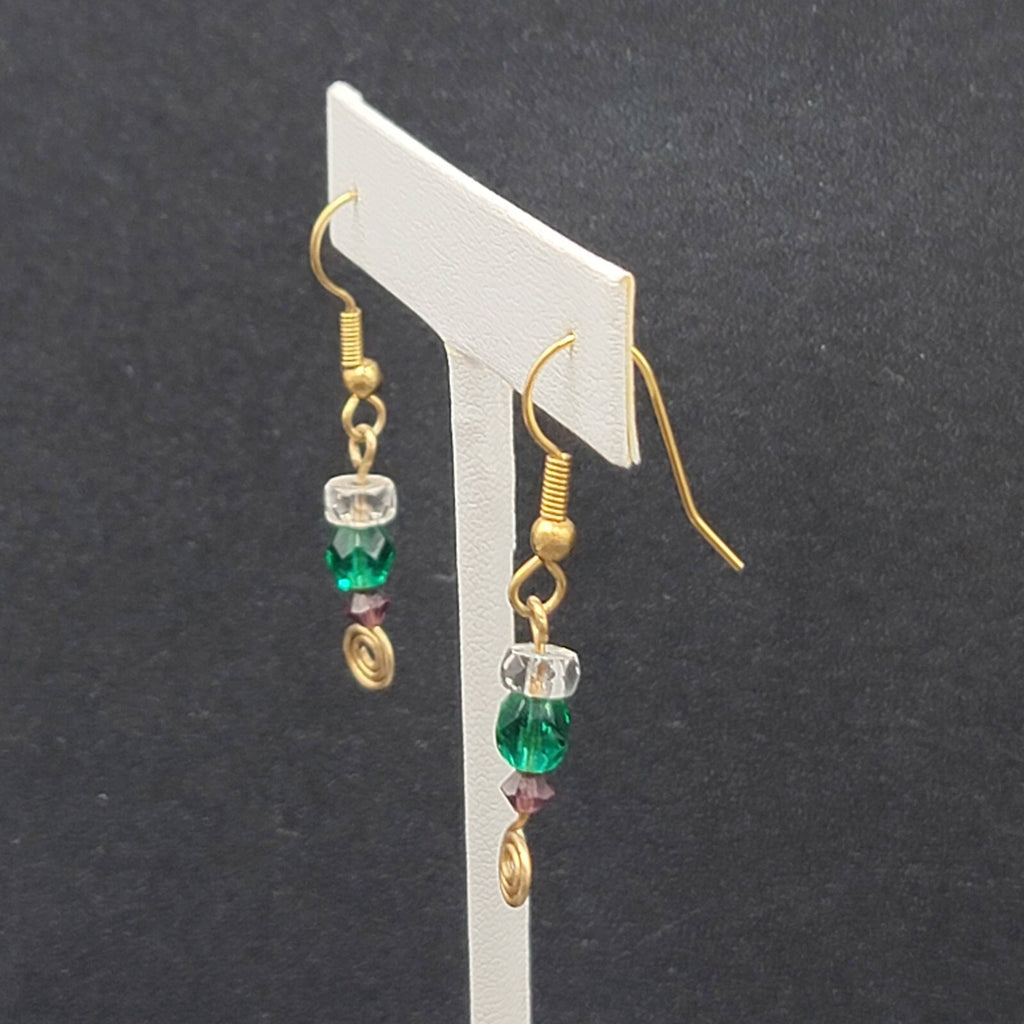 Pierced Earrings Gold tone Green Purple Clear Bead Dangle 1"